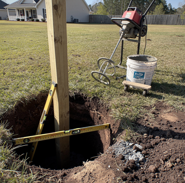 freshly poured concrete around buried fence post