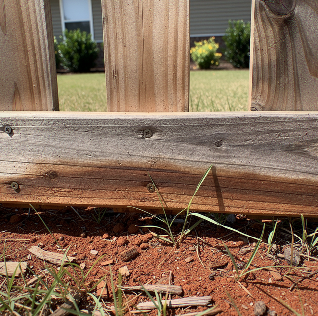 weathered wood fence bottom board touching damp grass