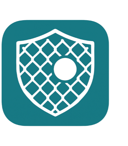 Icon of a shield with a net pattern and a solid circle in the center, on a teal background.