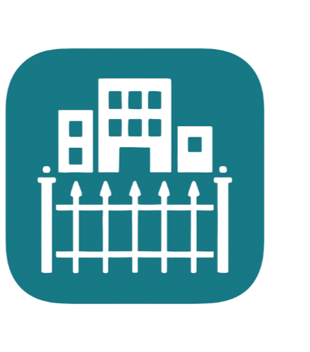 Icon of a cityscape with buildings behind a fence.