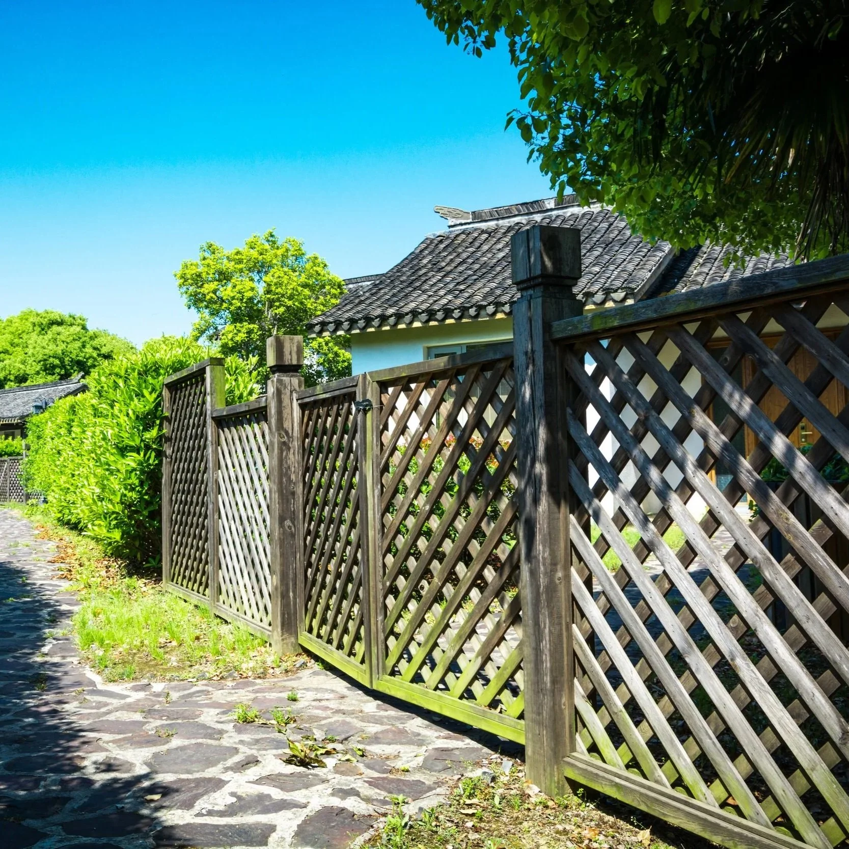 Wood lattice fence near residential walkway illustrating fence material options, durability comparisons, maintenance needs, and long-term installation value.
