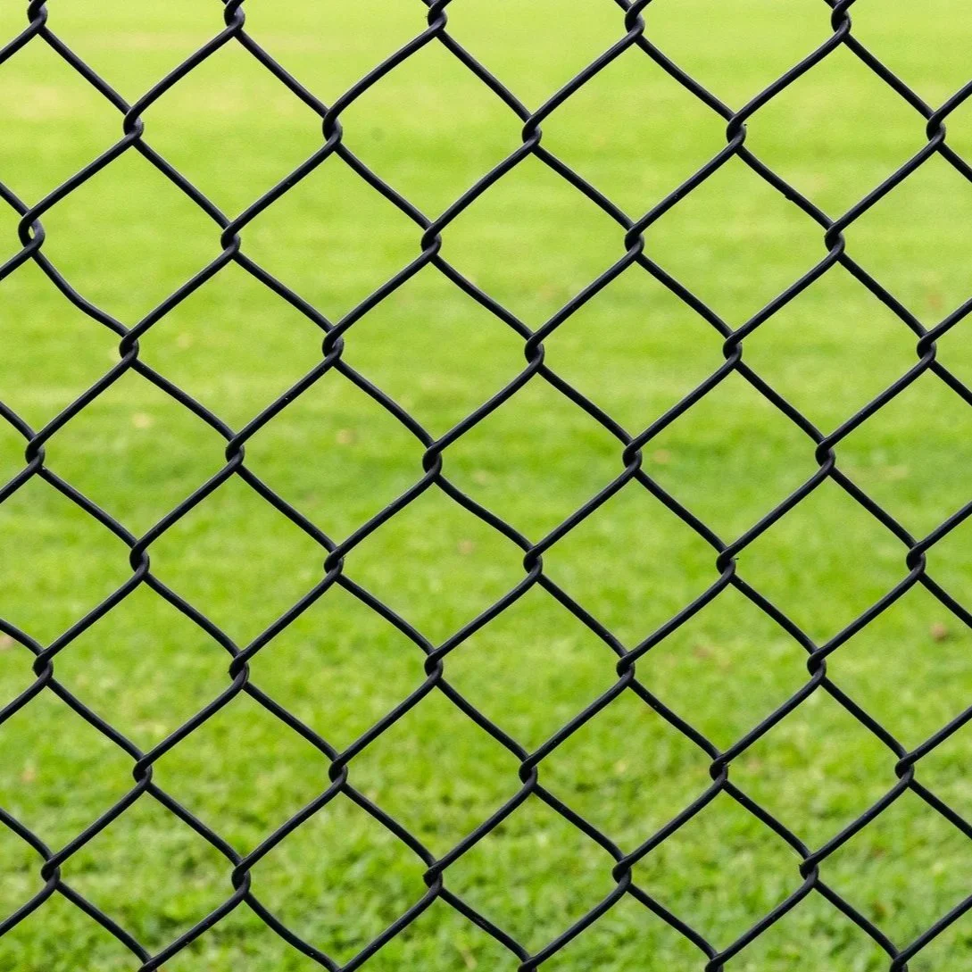 Close view of black chain link fence against green grass, illustrating durable pet fencing designed to contain animals safely outdoors.