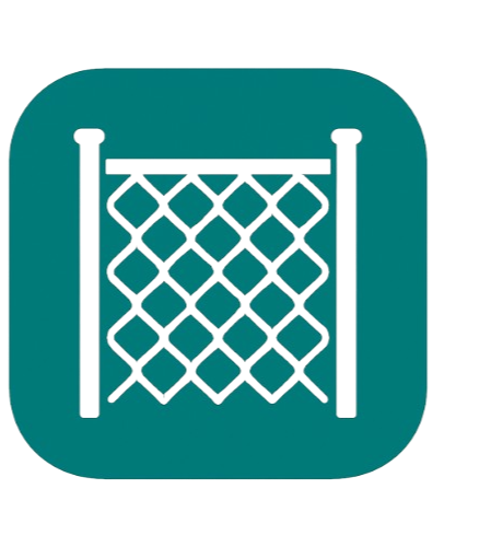 A tennis or volleyball net with bright teal poles and a dark background.