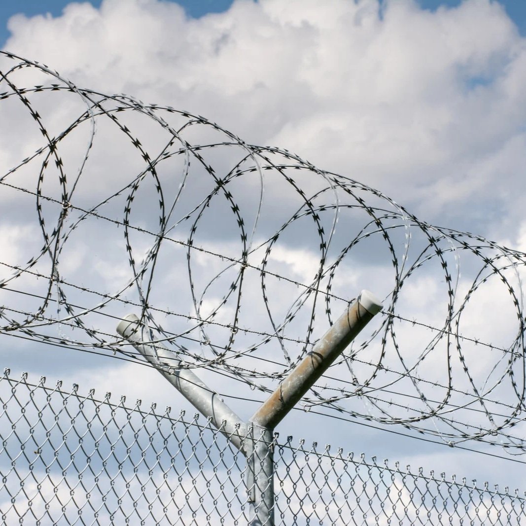 Close-up of industrial chain link fence with coiled razor wire above, illustrating reinforced security fencing designed to prevent climbing and unauthorized access.