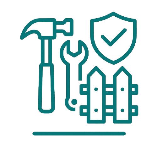 Tools, shield with checkmark, and fence icons representing security and maintenance.