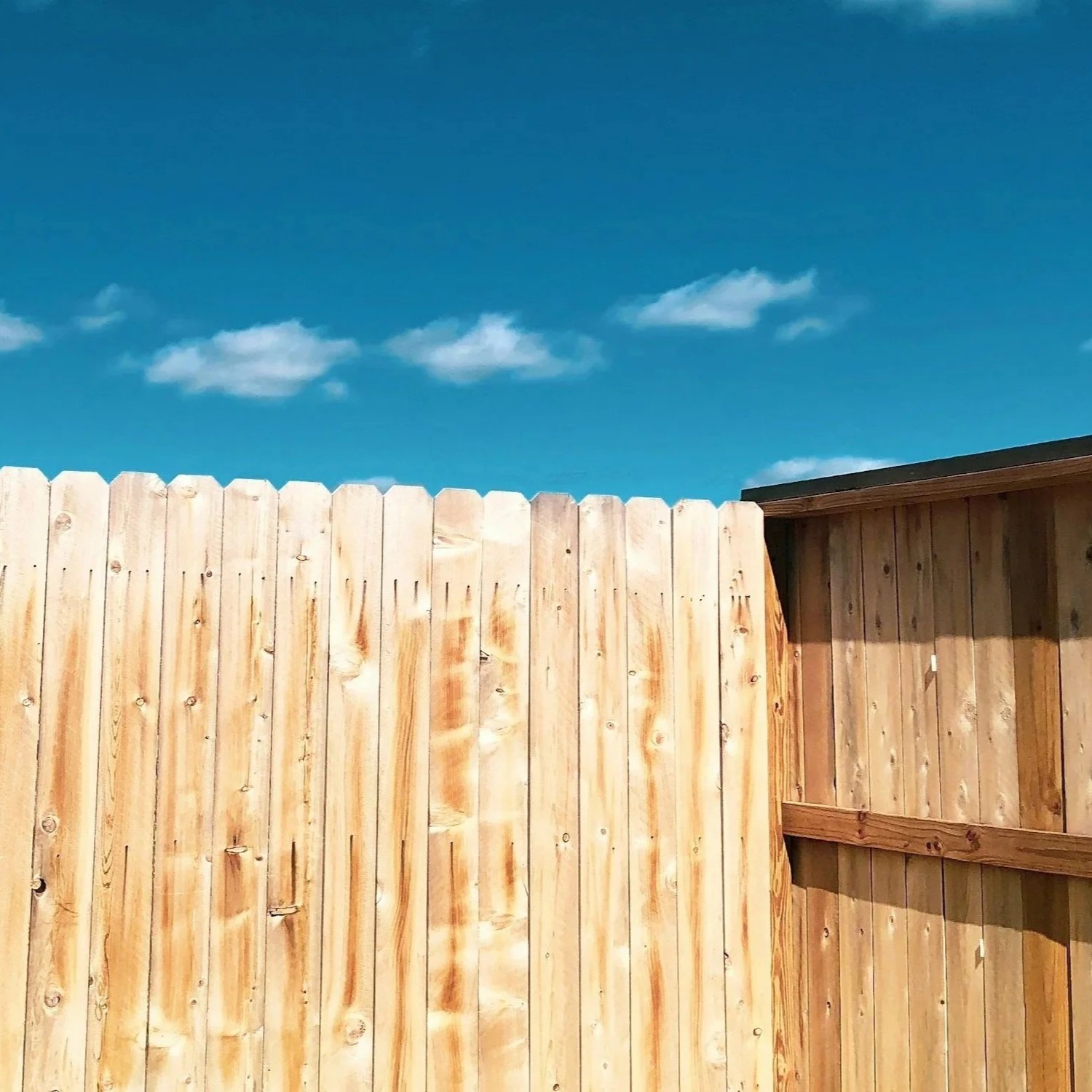 Newly installed wooden fence panels under clear sky, showing improved structure, uniform design, and benefits of replacing damaged or aging fence sections.