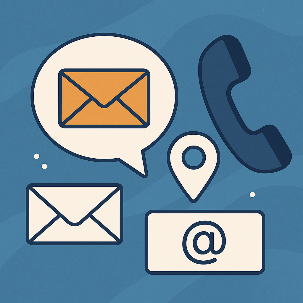 Icons representing communication methods including email envelopes, a location pin, a phone receiver, and an email symbol on a blue background.