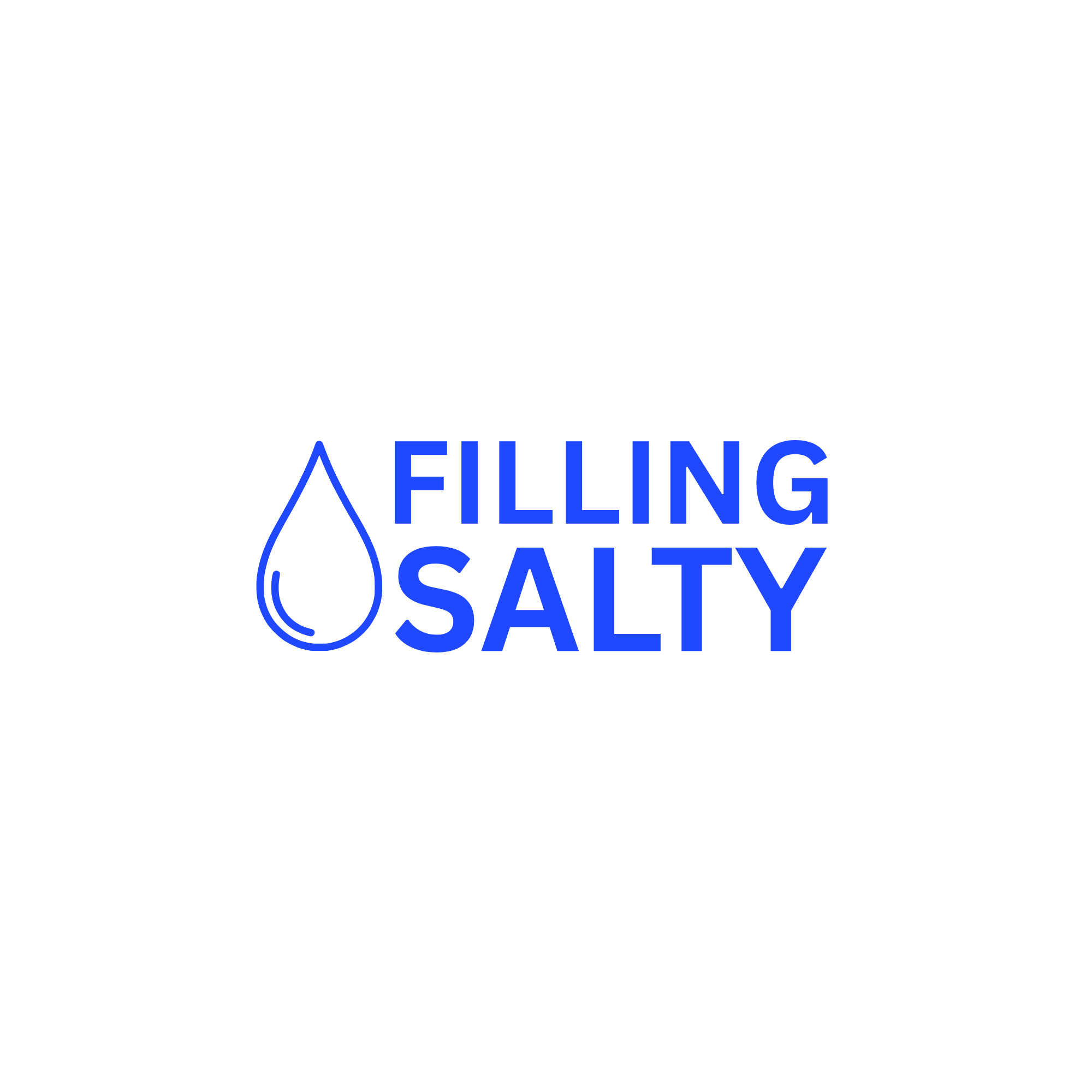Graphic with a water droplet icon and the words "Filling Salty" in blue text on a black background.