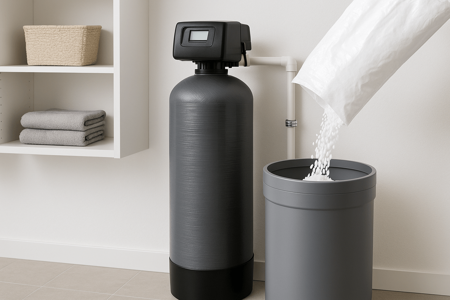 Water softener system with a black control unit and a large gray tank next to a gray trash bin with laundry detergent pods being poured inside.
