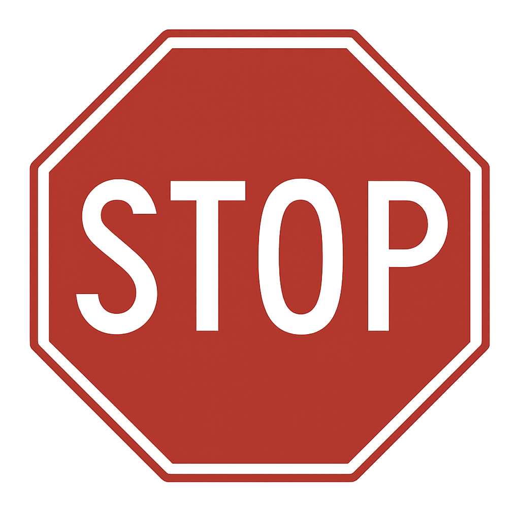 A red stop sign with black text on a black background.