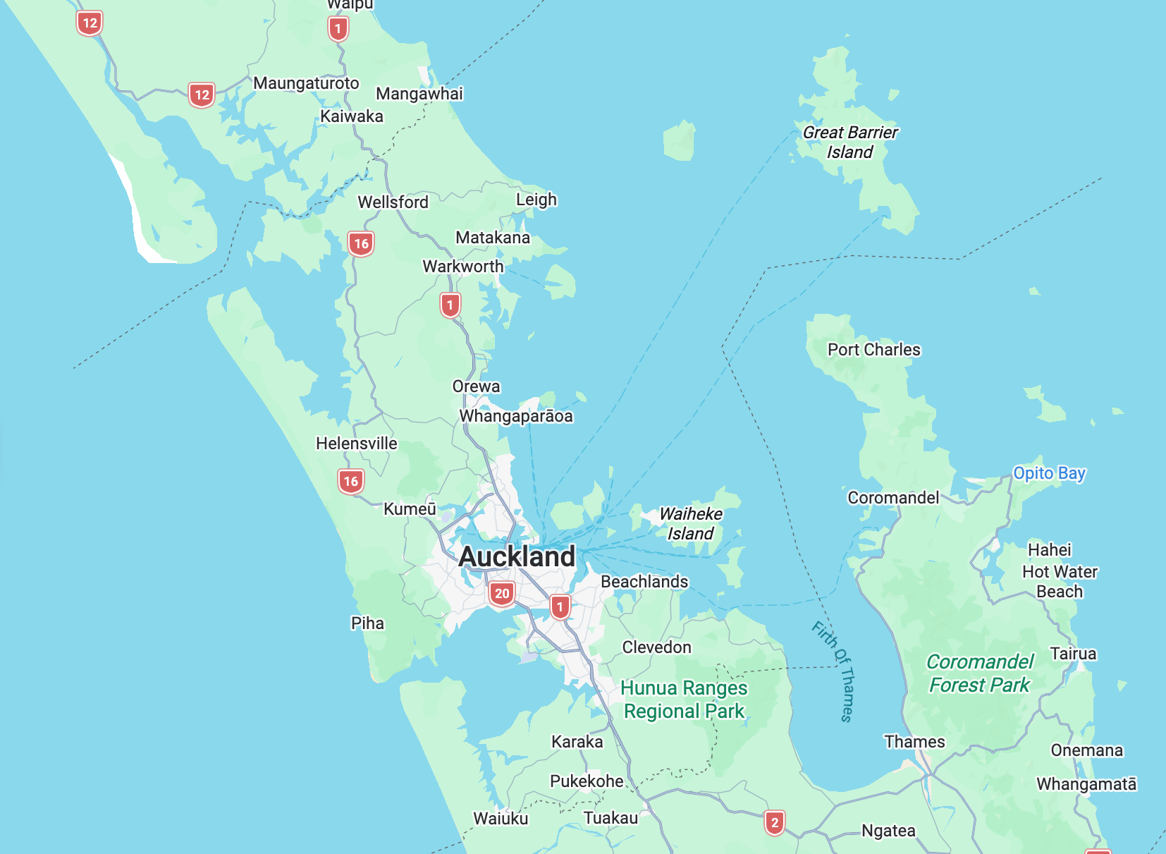 Map showing Auckland, New Zealand, with surrounding islands, parks, and towns such as Waiheke Island, Coromandel, and Thames along with regional parks and bays.