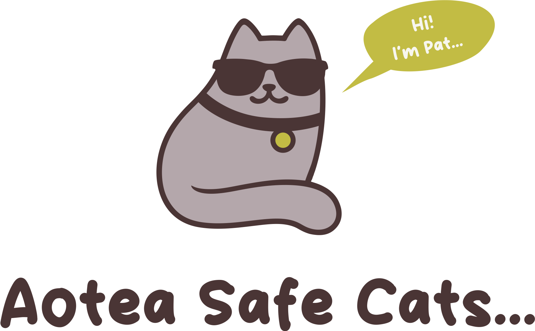 A cartoon gray cat wearing sunglasses and a collar with a yellow tag, sitting with a speech bubble saying, 'Hi! I'm Pat...'.