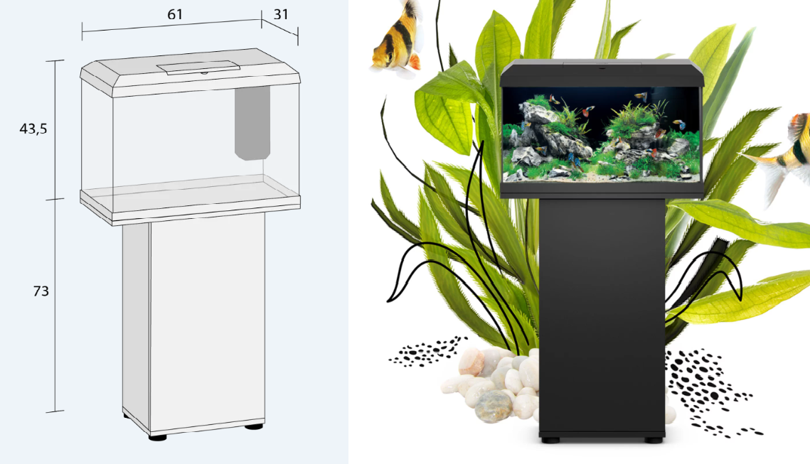Diagram of a fish tank on a stand with measurements, next to a photograph of a black fish tank with tropical fish and aquatic plants, set against a background of large green leaves and small rocks.