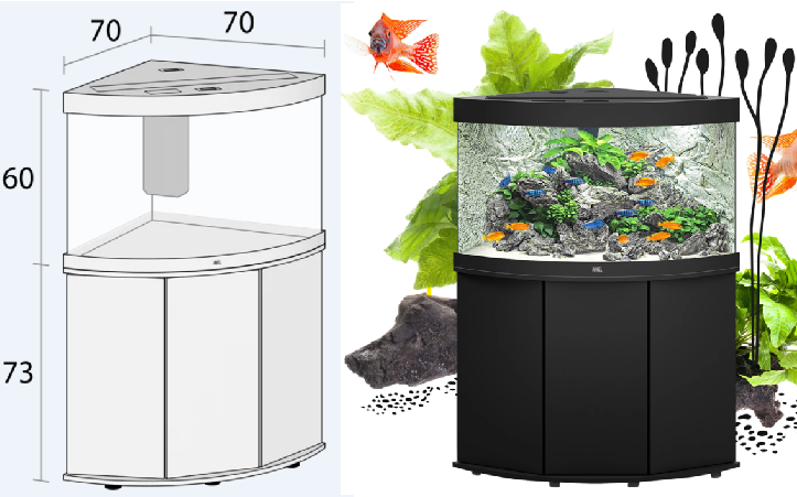 Comparison of a fish tank stand diagram and a decorated fish tank filled with water, rocks, plants, and fish, surrounded by aquatic plants and decorations.