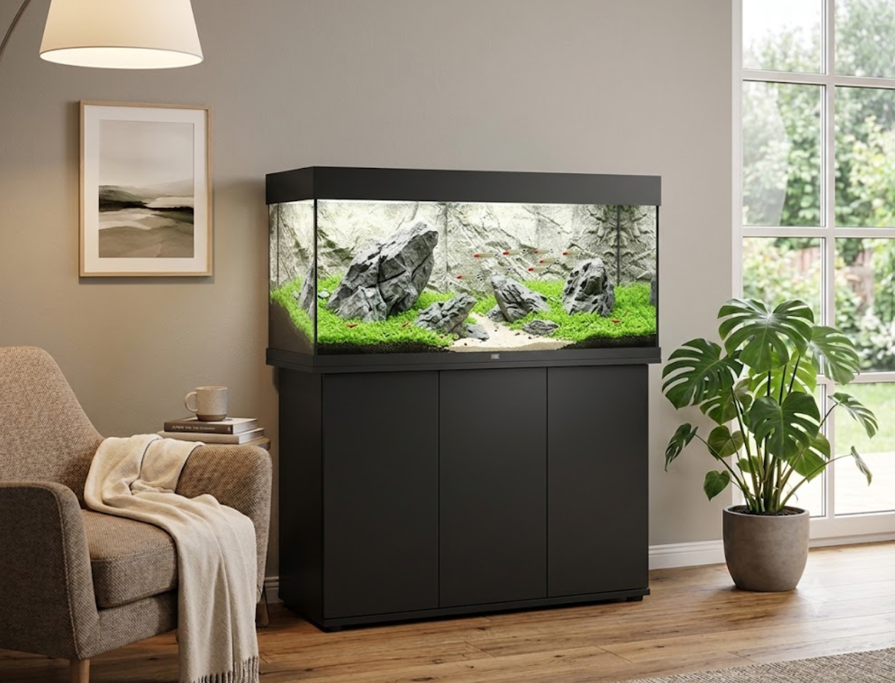 Living room with a large fish tank on a black cabinet, a beige armchair with a cream throw blanket, a small side table with books and a mug, a framed picture on the wall, a large potted plant, and a window showing greenery outside.