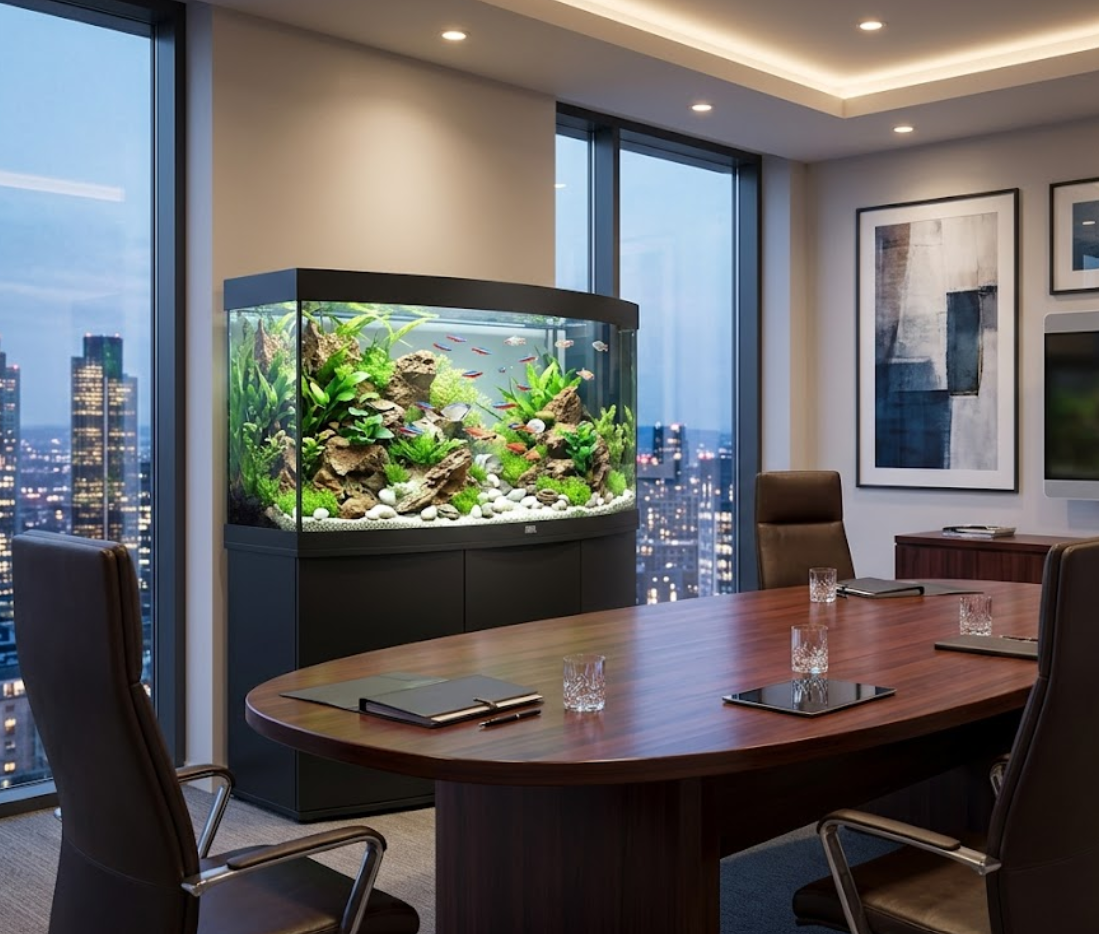 A modern conference room with a large wooden table, four brown leather chairs, a fish tank with plants and fish, framed artwork, a flat-screen TV, and cityscape view through large windows.