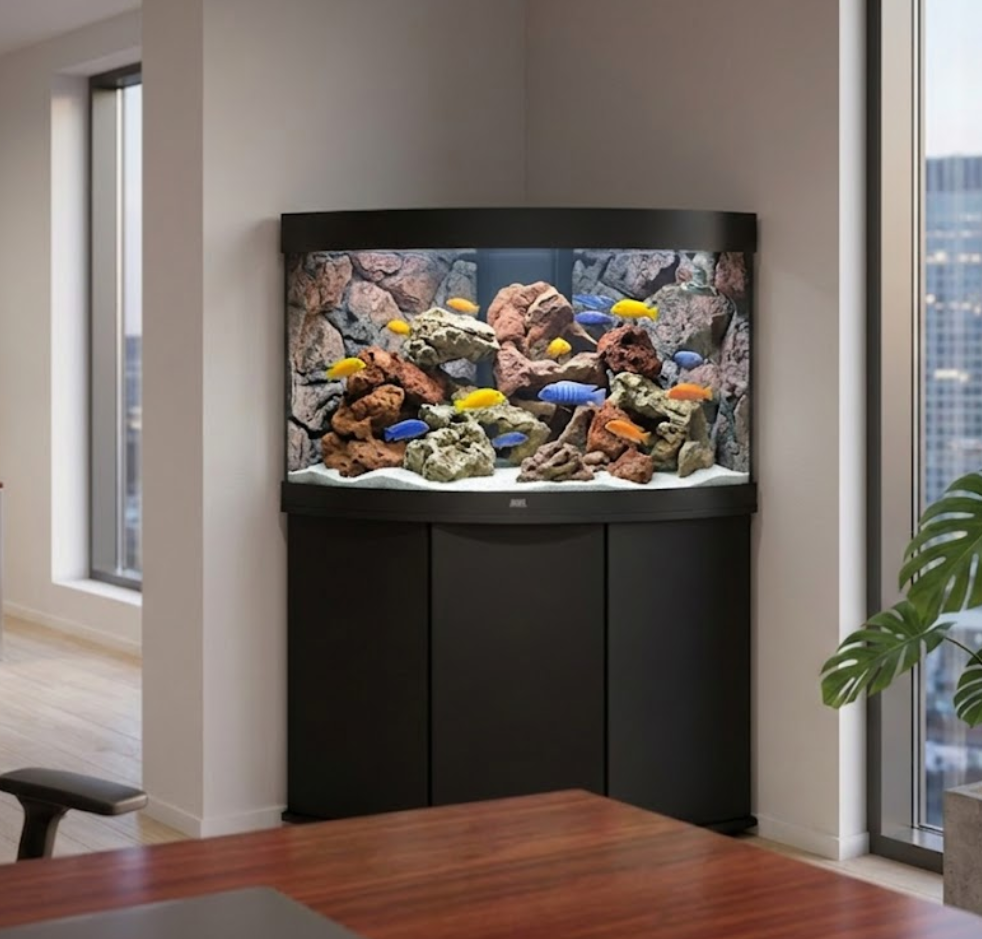 A large fish tank with colorful fish and rocks, situated in a corner of a modern apartment with city views.