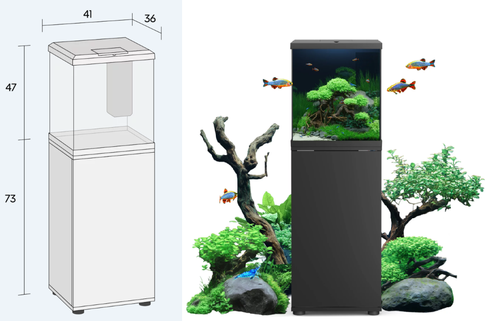 Custom aquascaped tropical fish tank on a sleek black stand, styled for a modern Melbourne home.