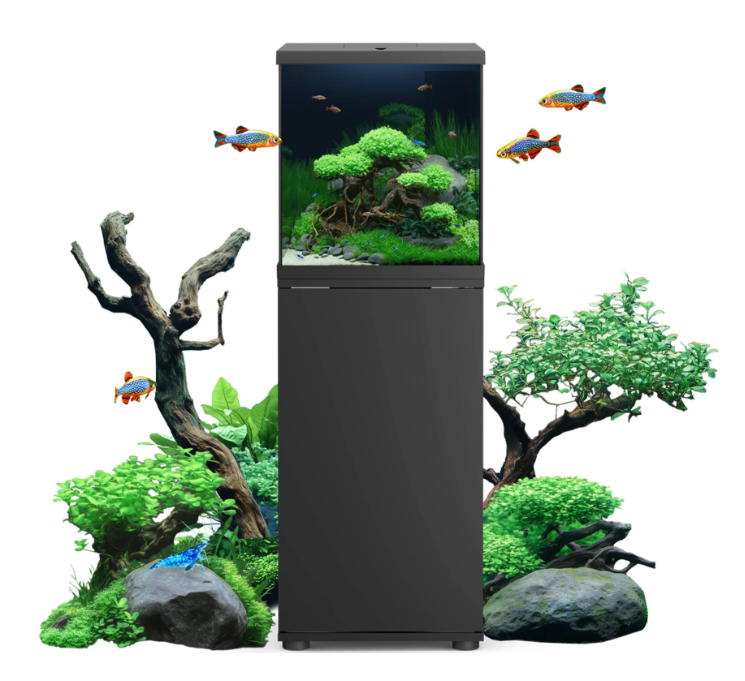 Aquarium with green plants and fish, flanked by decorative rocks and trees.