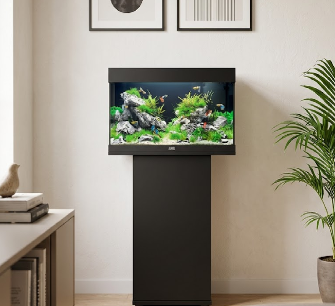 Fully serviced commercial fish tank rental on a black cabinet inside a busy Melbourne corporate office