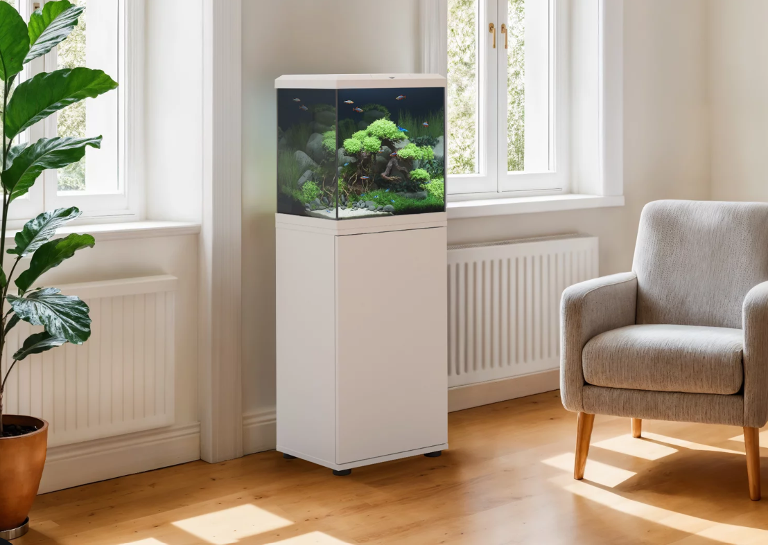 Premium home aquarium rental with lush aquatic plants and tropical fish in a Melbourne living room.