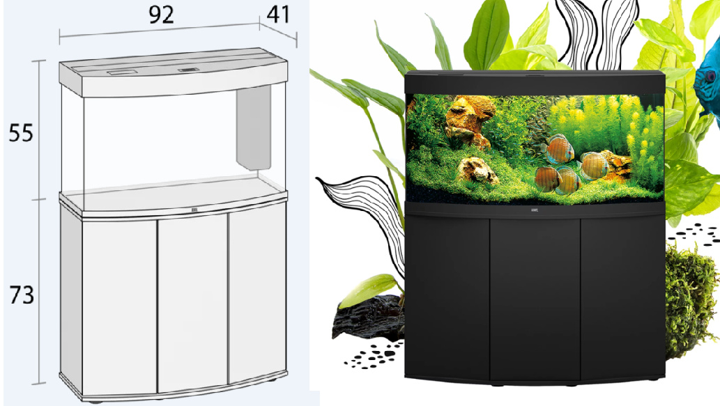 Comparison of a technical drawing and a completed black aquarium stand with a curved front, placed in front of green plants and an aquarium filled with water, rocks, plants, and fish.