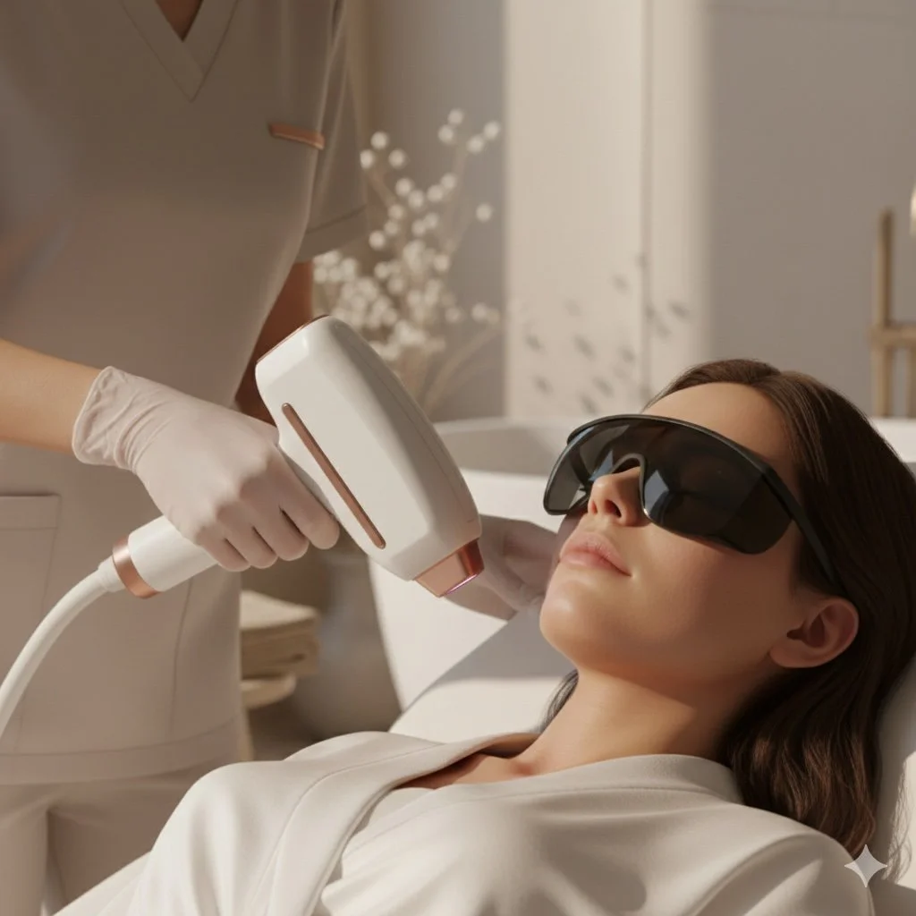 A woman lying on a treatment bed wearing protective goggles receives a facial treatment with a handheld medical device from a technician in a clinical setting.