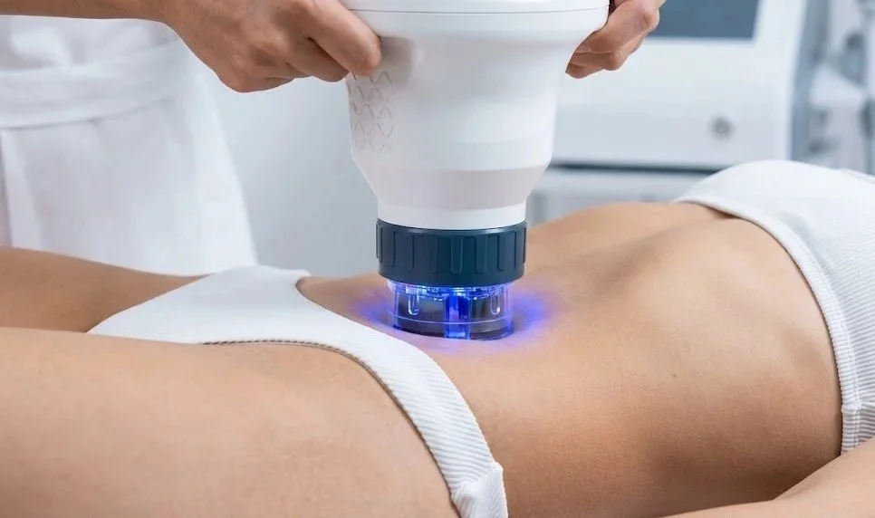 A person receiving a non-invasive cosmetic treatment with a machine emitting blue light on their thigh.