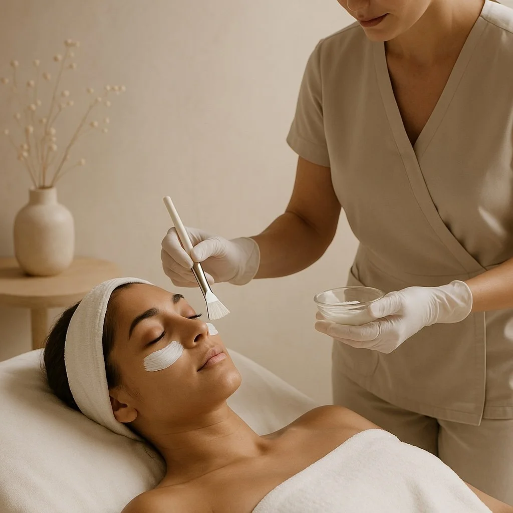 A woman lying on a spa bed with her eyes closed, receiving a facial treatment from a professional skincare specialist who is applying a white facial mask with a brush, wearing gloves and a beige uniform.