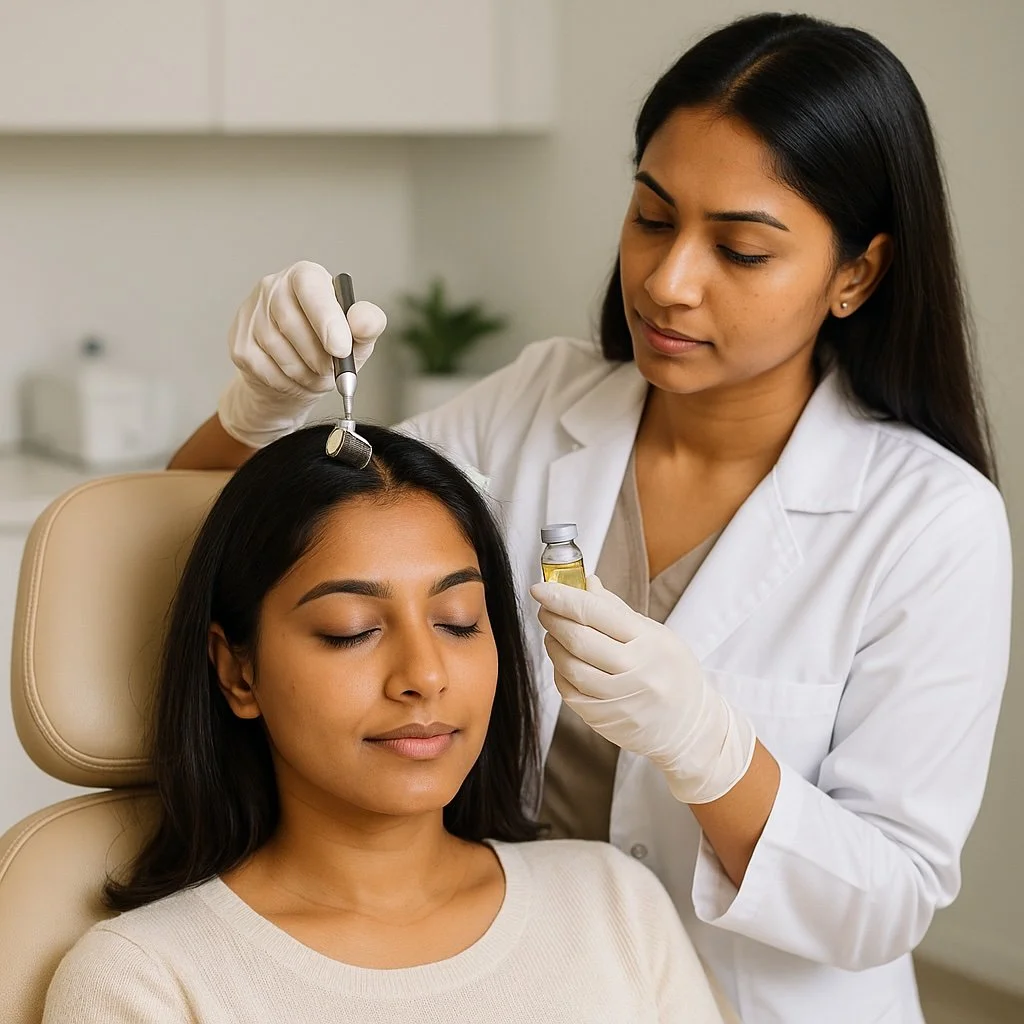 A woman receiving a cosmetic treatment from a healthcare professional in a clinic setting.