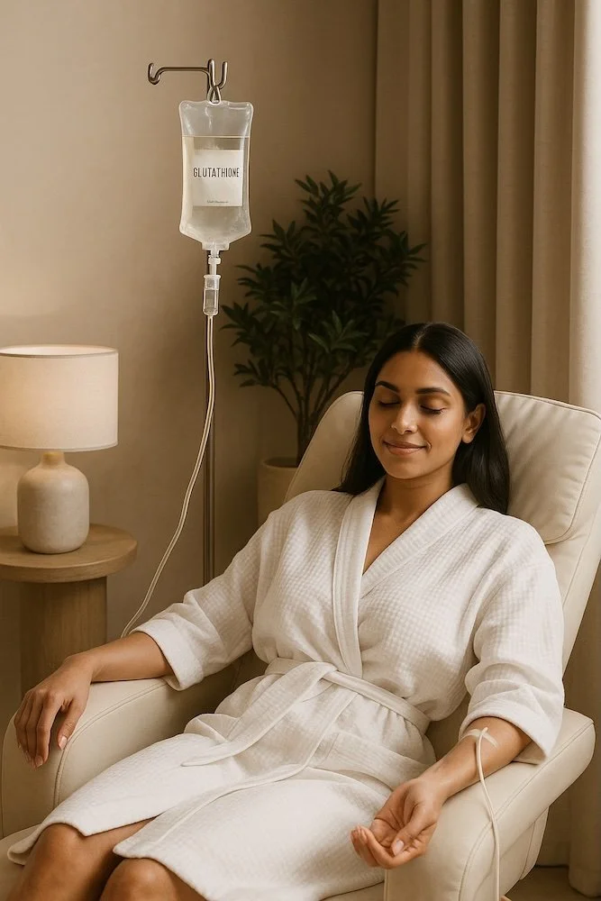 A woman in a white bathrobe receiving an IV infusion with a bag labeled 'Glutathione' in a cozy room with beige walls, a side table, a lamp, and a potted plant.
