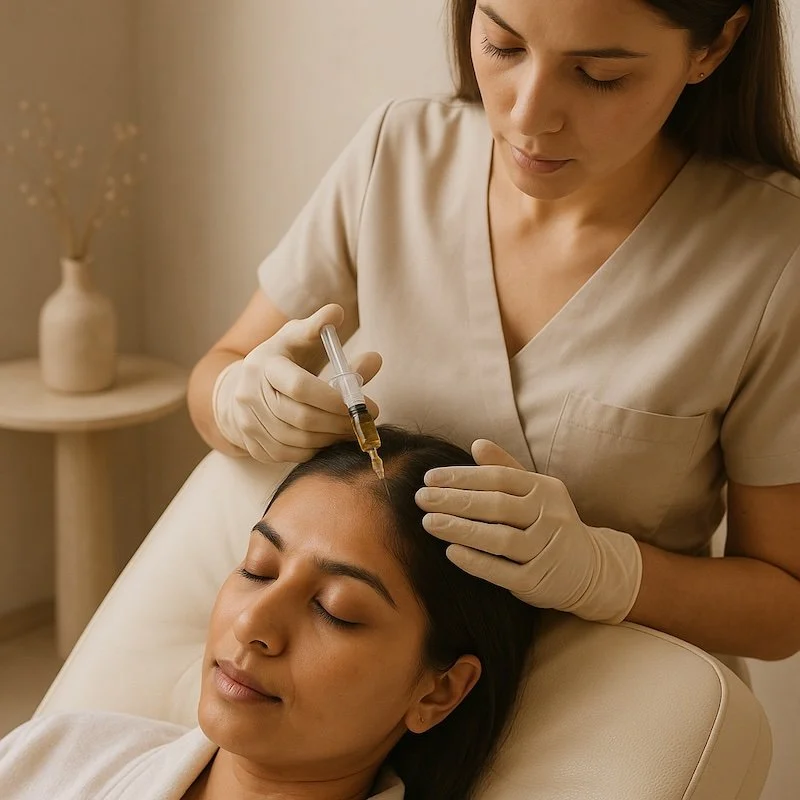 A woman lying on a treatment bed with closed eyes during a cosmetic injection procedure performed by a healthcare professional wearing gloves.