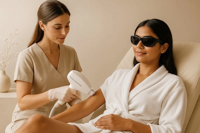 A woman wearing sunglasses is getting a laser treatment on her arm from a medical professional in a clinic.