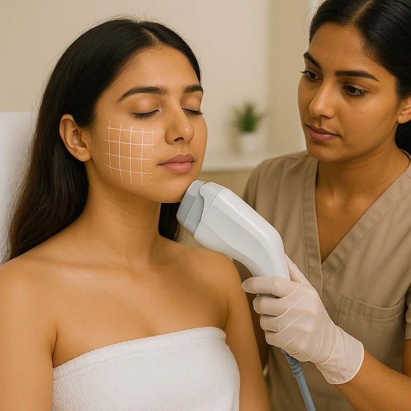 A woman with closed eyes and marked facial grid lines receiving a facial scan using a handheld device from a healthcare professional in a clinical setting.