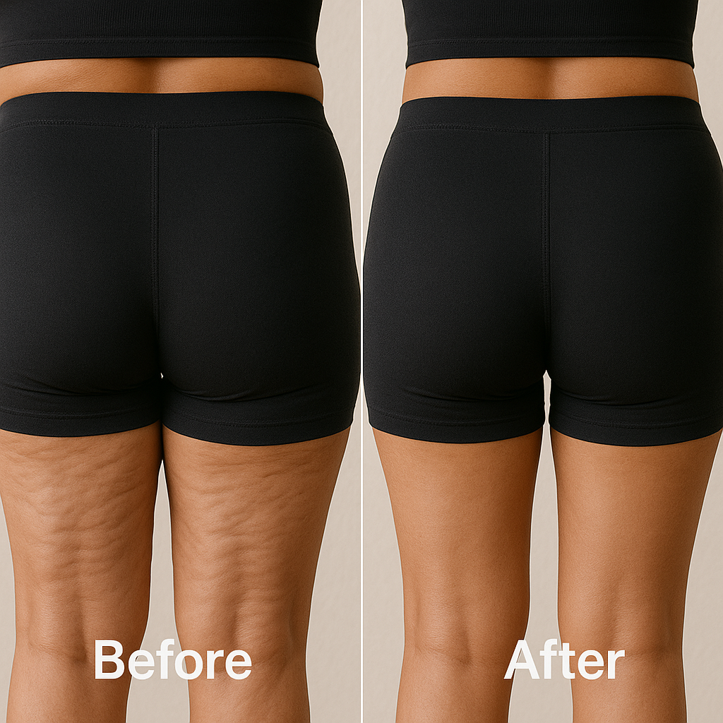 Side-by-side comparison of a person's upper legs and lower torso, showing cellulite on the left side labeled 'Before,' and smoother skin on the right side labeled 'After.'