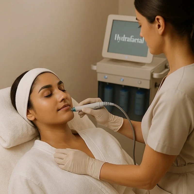 A woman receiving a hydrafacial treatment in a spa or clinic, lying on a treatment bed with her eyes closed, a technician in scrubs and gloves using a handheld device near her face, with a hydrafacial machine in the background.