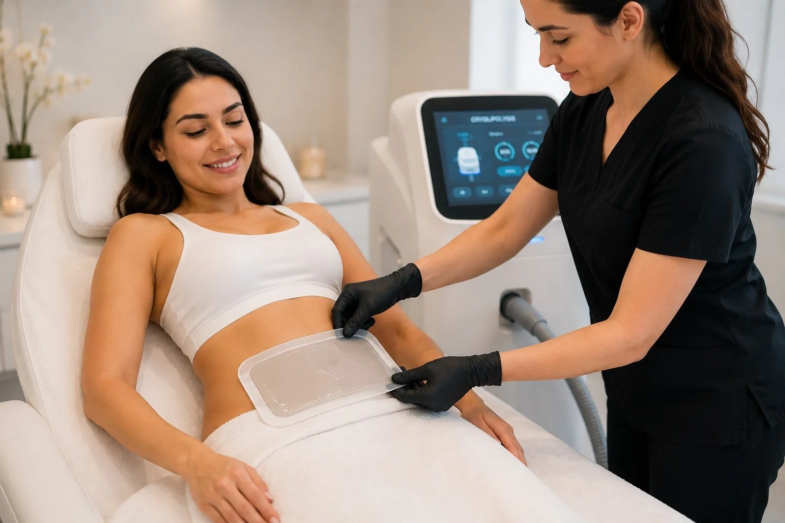 Woman receiving a facial mask at a spa, with facial mask applied on her face and a headband, lying with eyes closed while a therapist applies the mask with a brush.