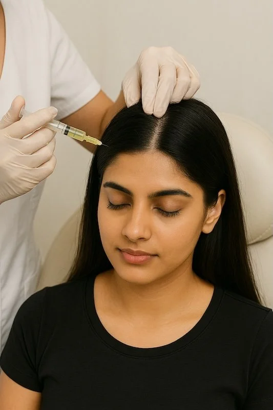 A woman receiving a cosmetic injection in her forehead from a healthcare professional wearing gloves.