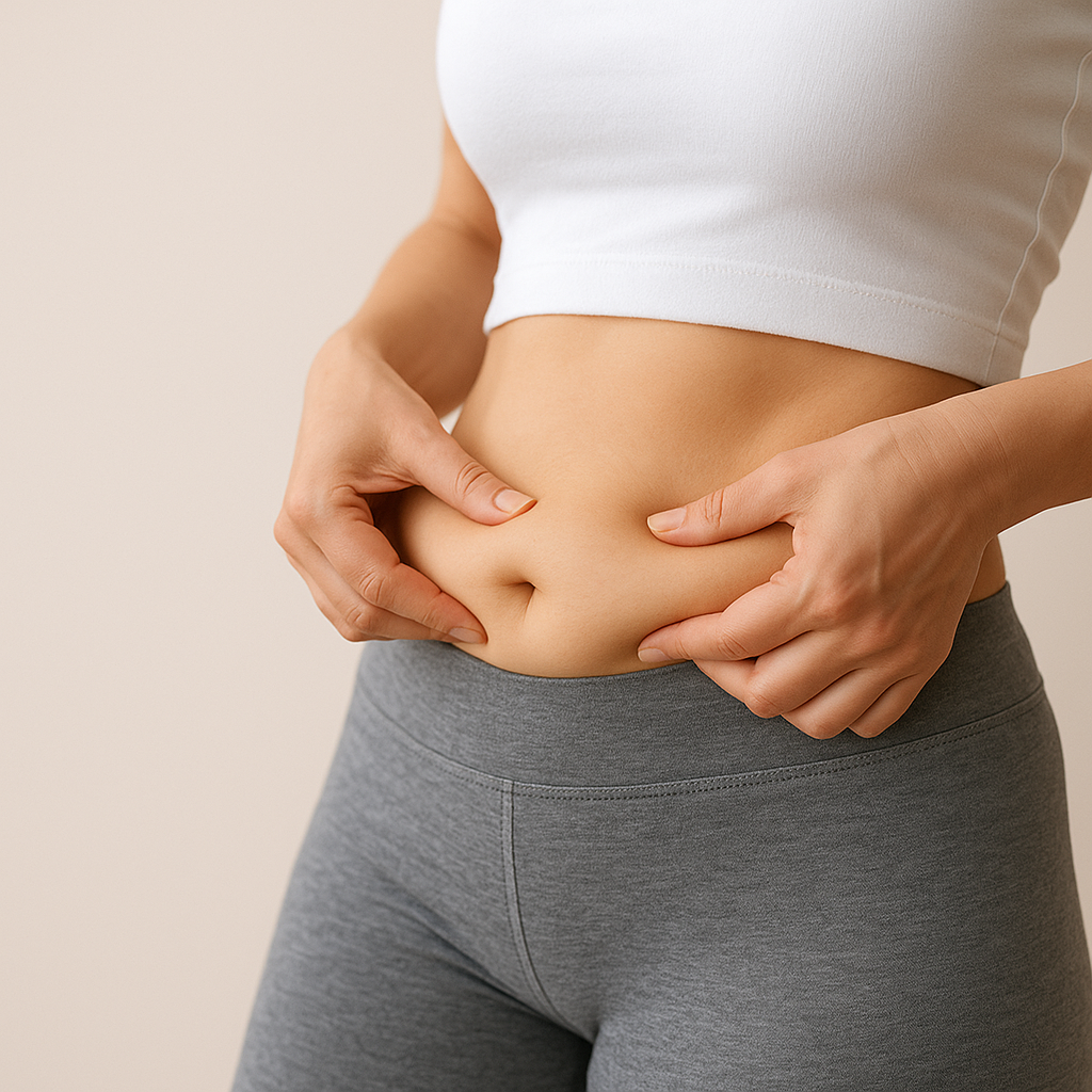A person pinches their stomach fat in workout clothes.
