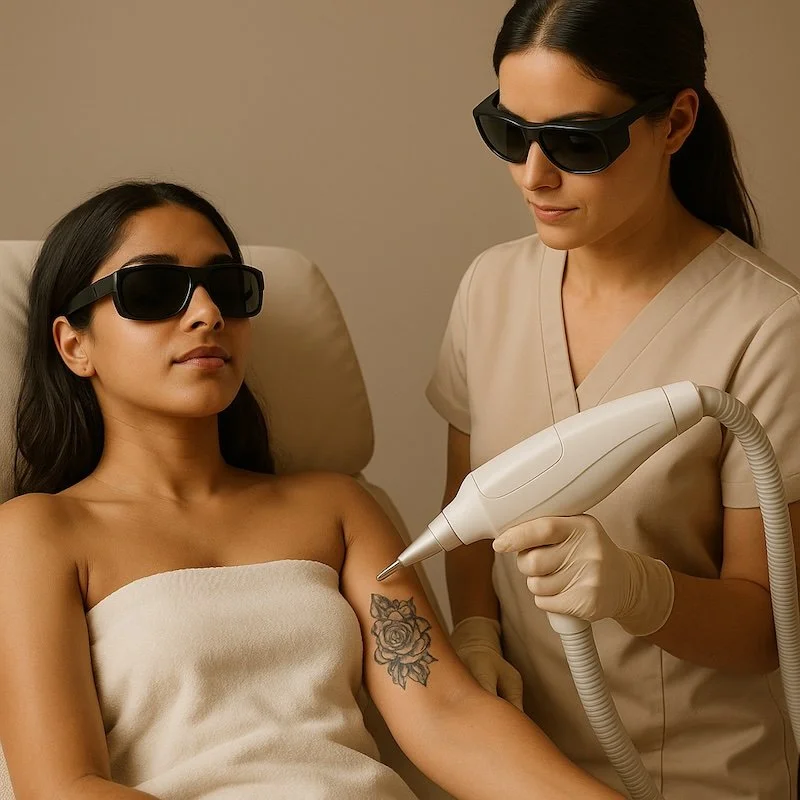 A woman receiving a laser tattoo removal treatment from a technician at a clinic, both wearing protective glasses.
