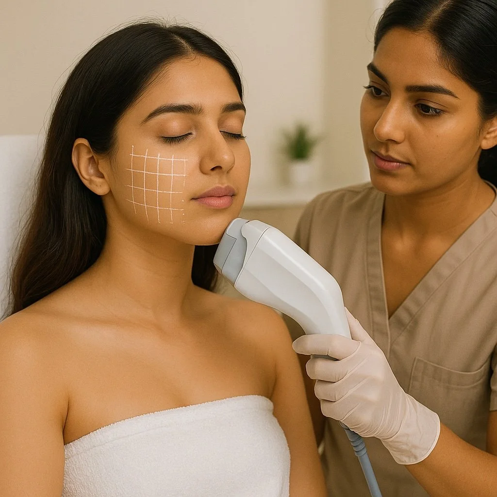 A woman with closed eyes is receiving a facial treatment with a skin analysis device operated by a skincare professional, who is wearing medical gloves. The woman's face has white grid lines drawn on her cheek.