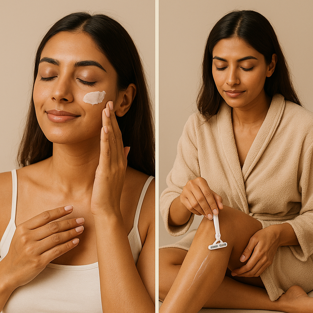 A woman applying moisturizer to her face on the left and shaving her leg with a razor on the right.