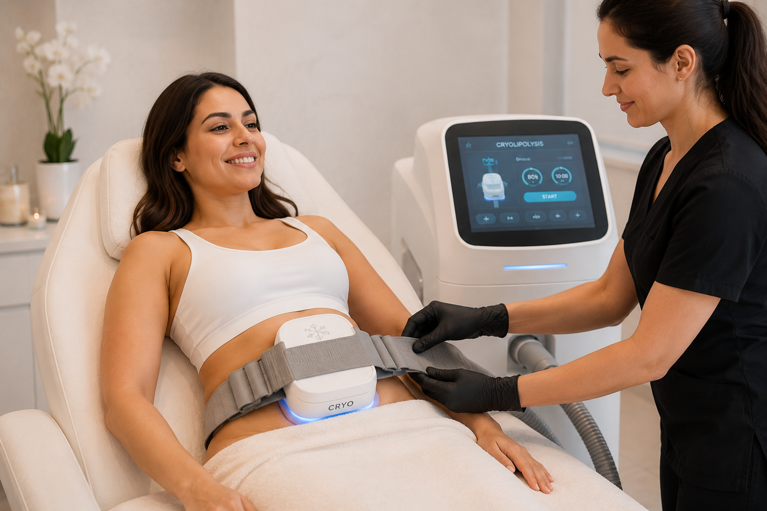 A woman is lying on a medical chair receiving a cryolipolysis treatment, with a technician adjusting the device on her abdomen in a clinical setting.