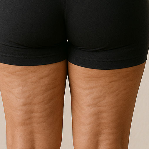 Side-by-side comparison of a person's upper legs and lower torso, showing cellulite on the left side labeled 'Before,' and smoother skin on the right side labeled 'After.'