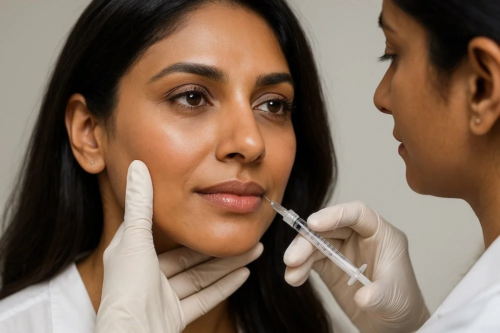 A woman receives a cosmetic injection in her face from a healthcare professional wearing gloves.