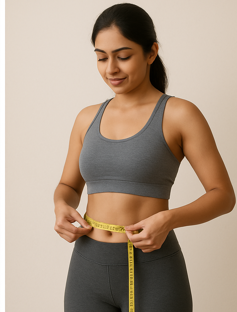 Woman in gray sportswear measuring her waist with a yellow tape measure.