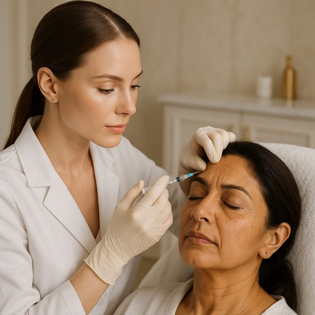A woman receiving a Botox injection from a healthcare professional in a clinical setting.
