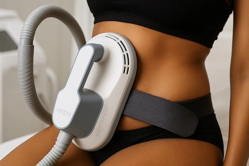 A woman undergoing a treatment using a HIFEM device attached to her waist.