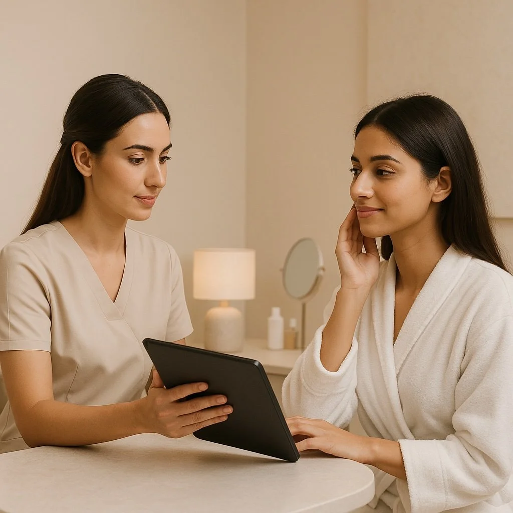 A woman in a spa robe consulting with a spa professional holding a tablet. The scene is in a calming room with soft lighting and skincare products on a table in the background.
