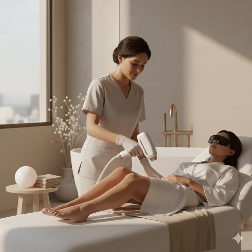 A woman lying on a treatment bed wearing eye protection gets laser hair removal from a technician in a spa or clinic.